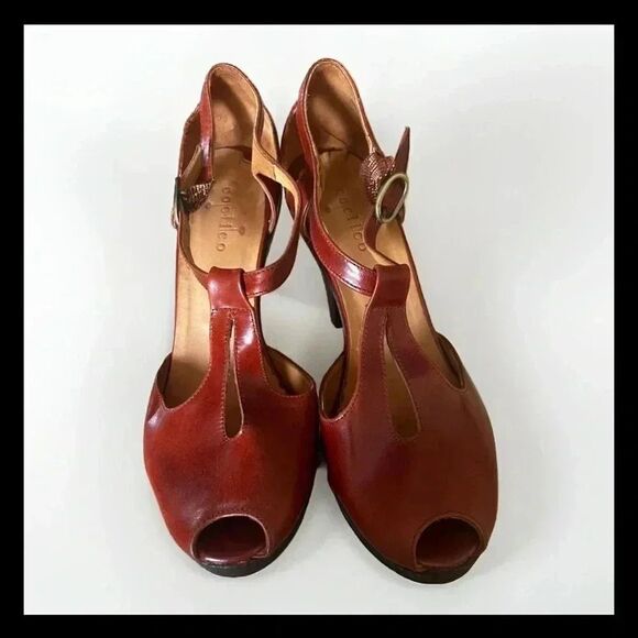 COCLICO Shoes - Coclico Women Block Heel Straps Peep Toe Pumps Brown Leather Size 39.5(9)